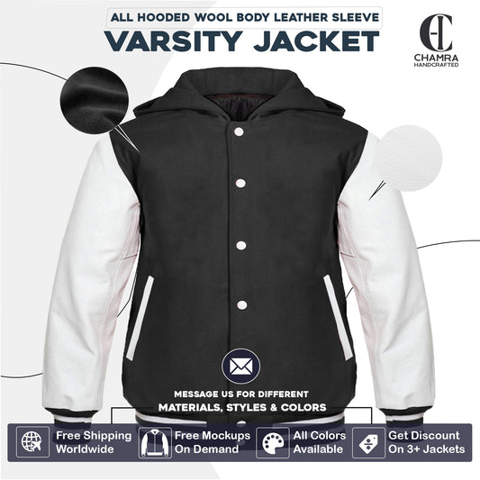 Hooded Letterman Jacket Wool and Leather