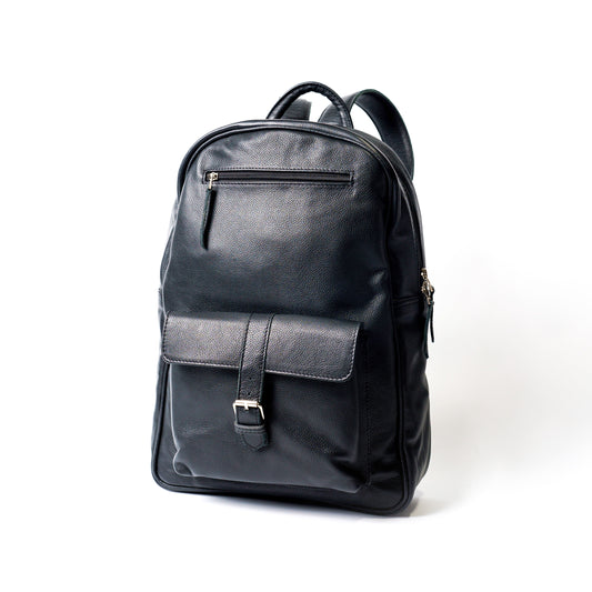 Leather Backpack Black with Front Buckle Closure