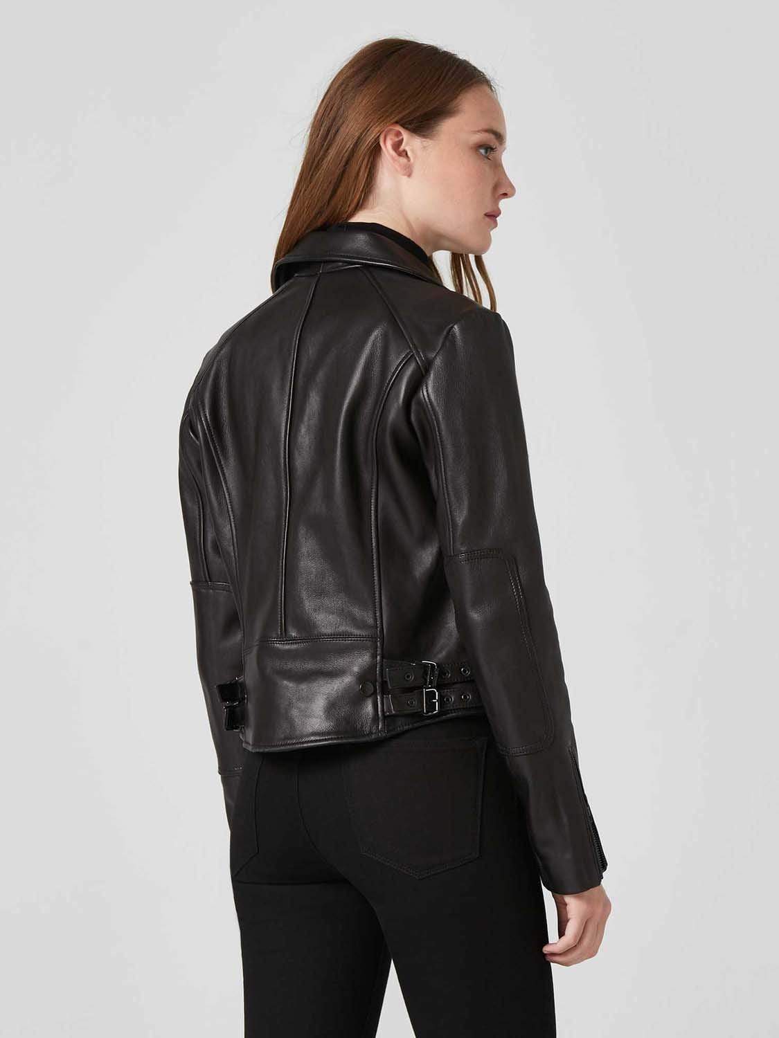 Black Leather Jacket with Lapel Sheepksin Jacket for Her