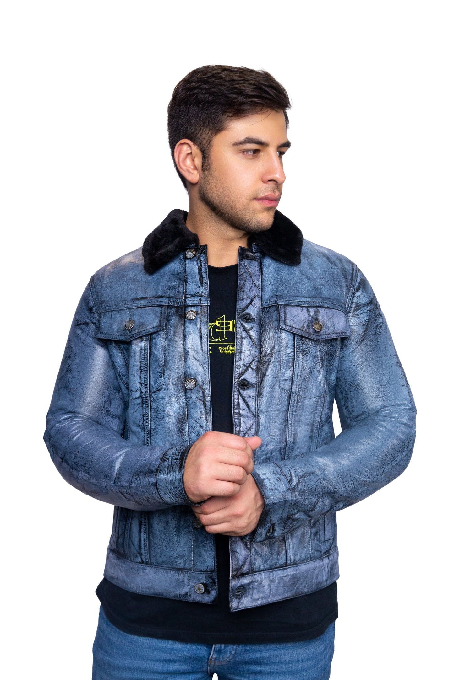Blue Aviator Leather Jacket with Black Shearling Fur