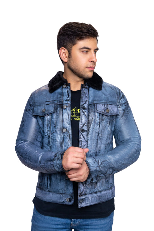 Blue Aviator Leather Jacket with Black Shearling Fur – Chamra Handcrafted