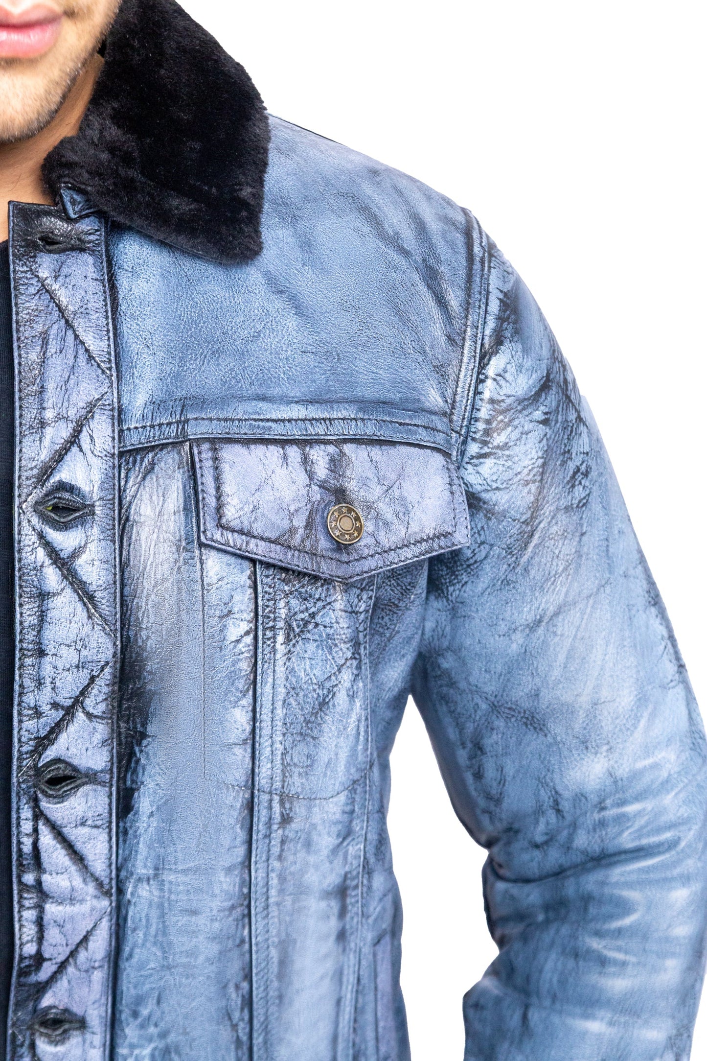 Blue Aviator Leather Jacket with Black Shearling Fur