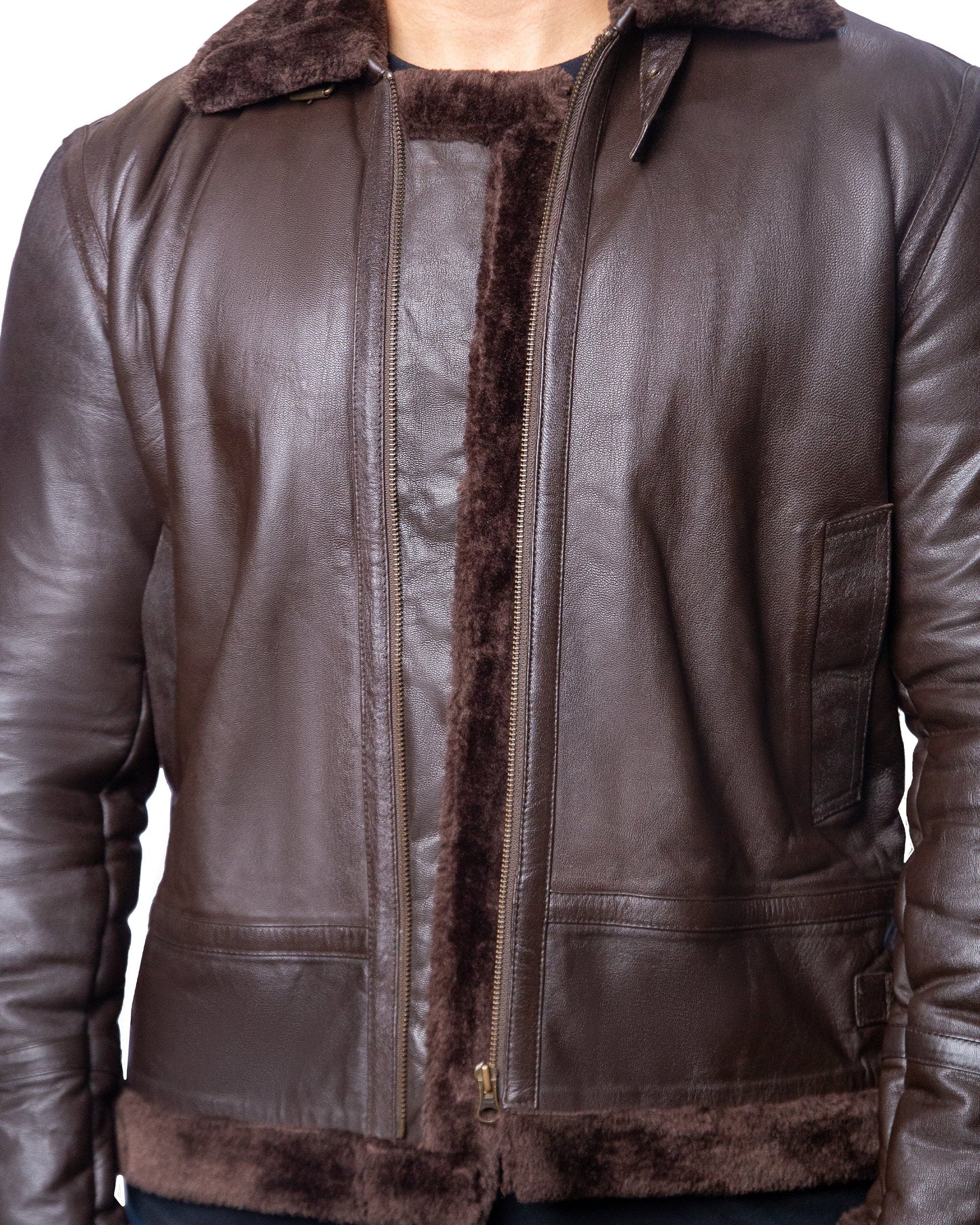 Brown Aviator Leather Jacket with Brown Shearling Fur