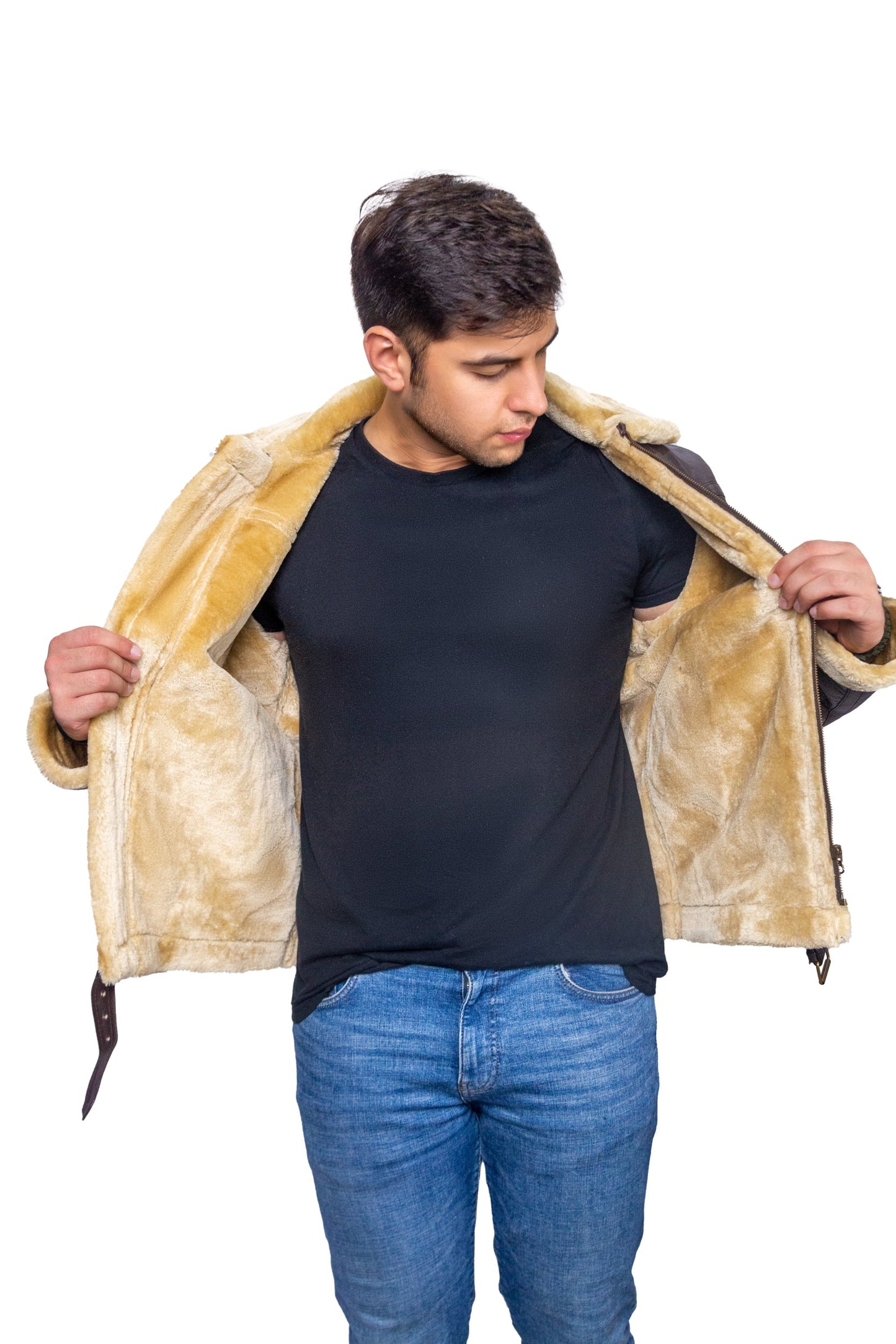 Brown Aviator Leather Jacket with Golden Shearling Fur