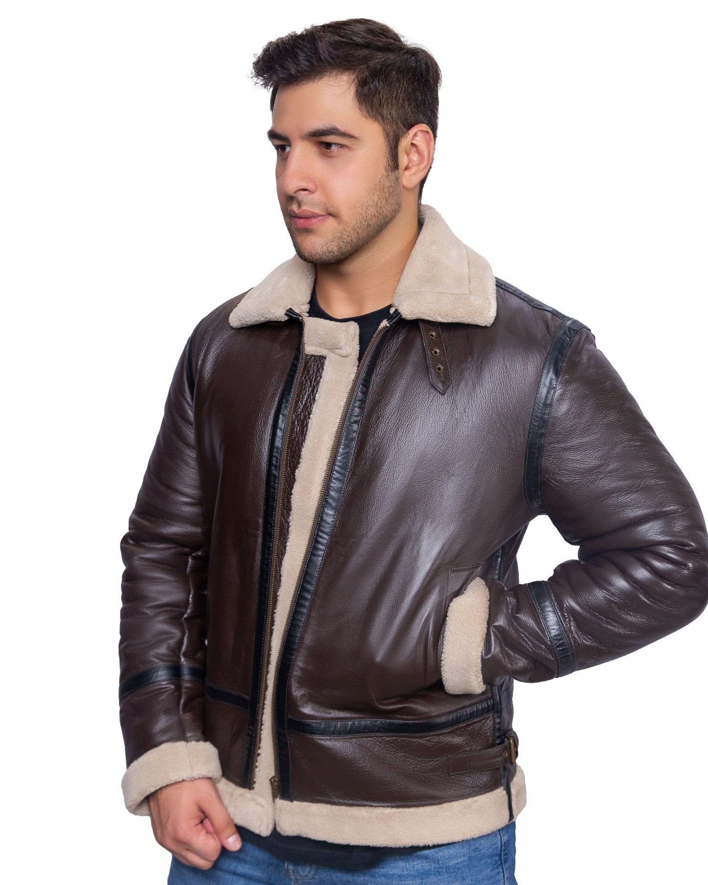 Brown Aviator Leather Jacket with Skin Shearling Fur