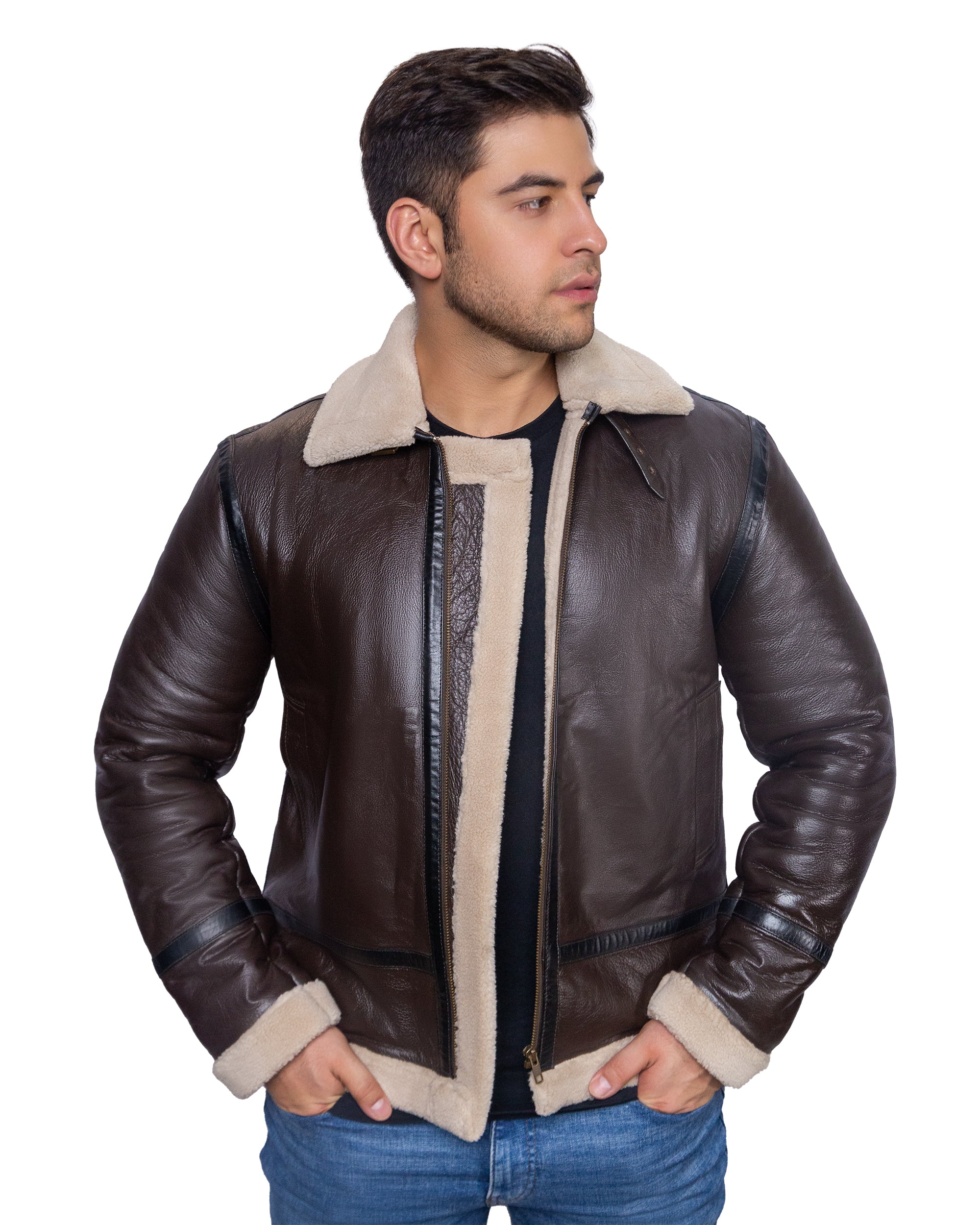 Brown Aviator Leather Jacket with Skin Shearling Fur – Chamra Handcrafted
