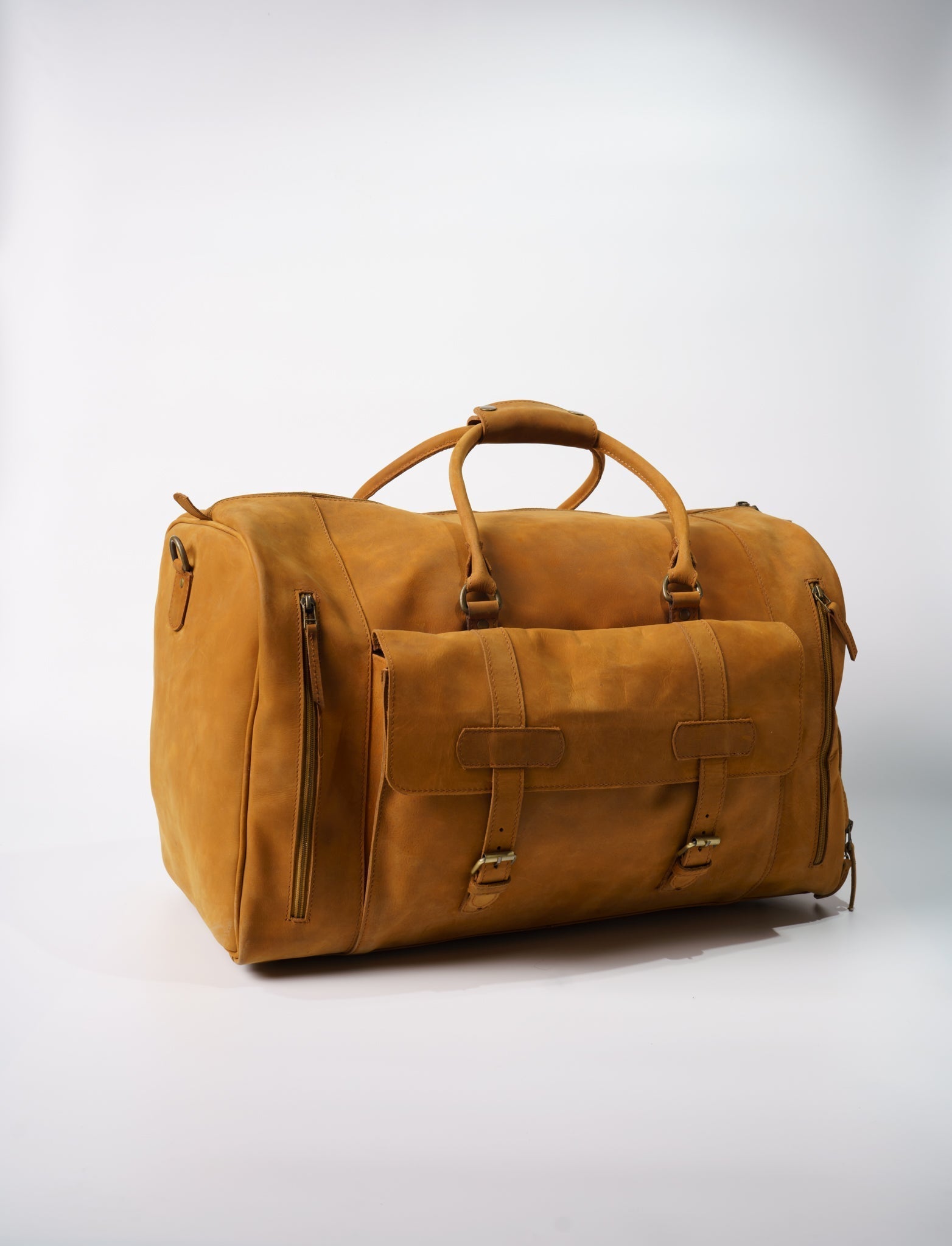 Front view of Chamra's Duffle Bag with shoe compartment, showcasing the large size of the duffel bag along with the multiple outside pockets on the bag.
