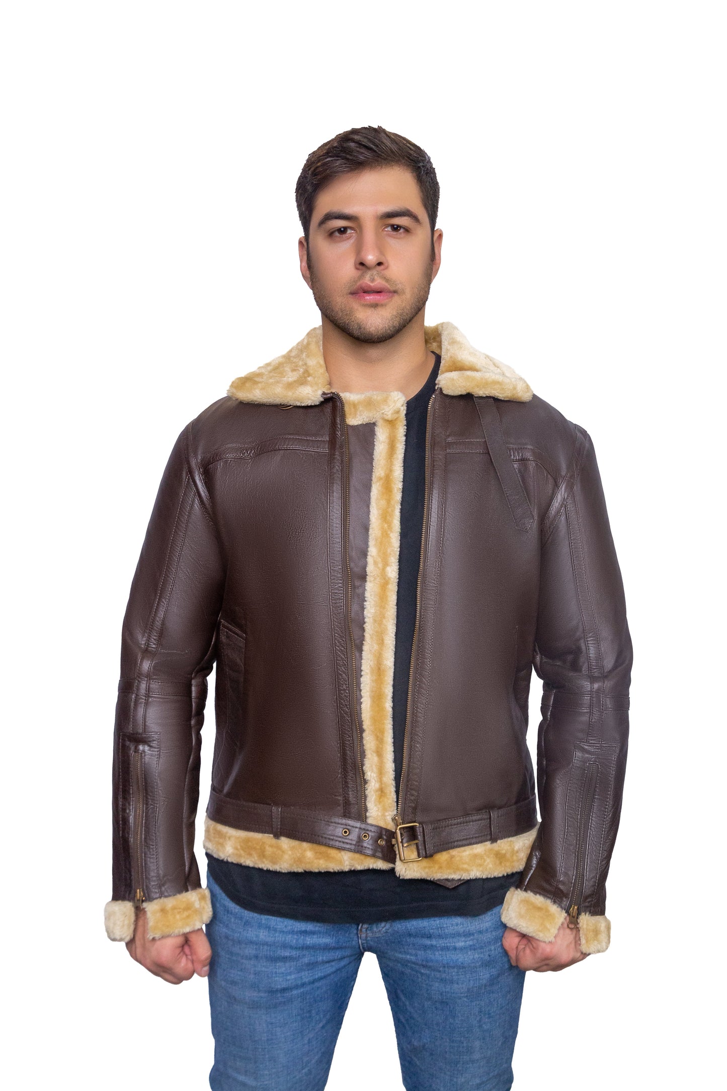 Brown Aviator Leather Jacket with Golden Shearling Fur