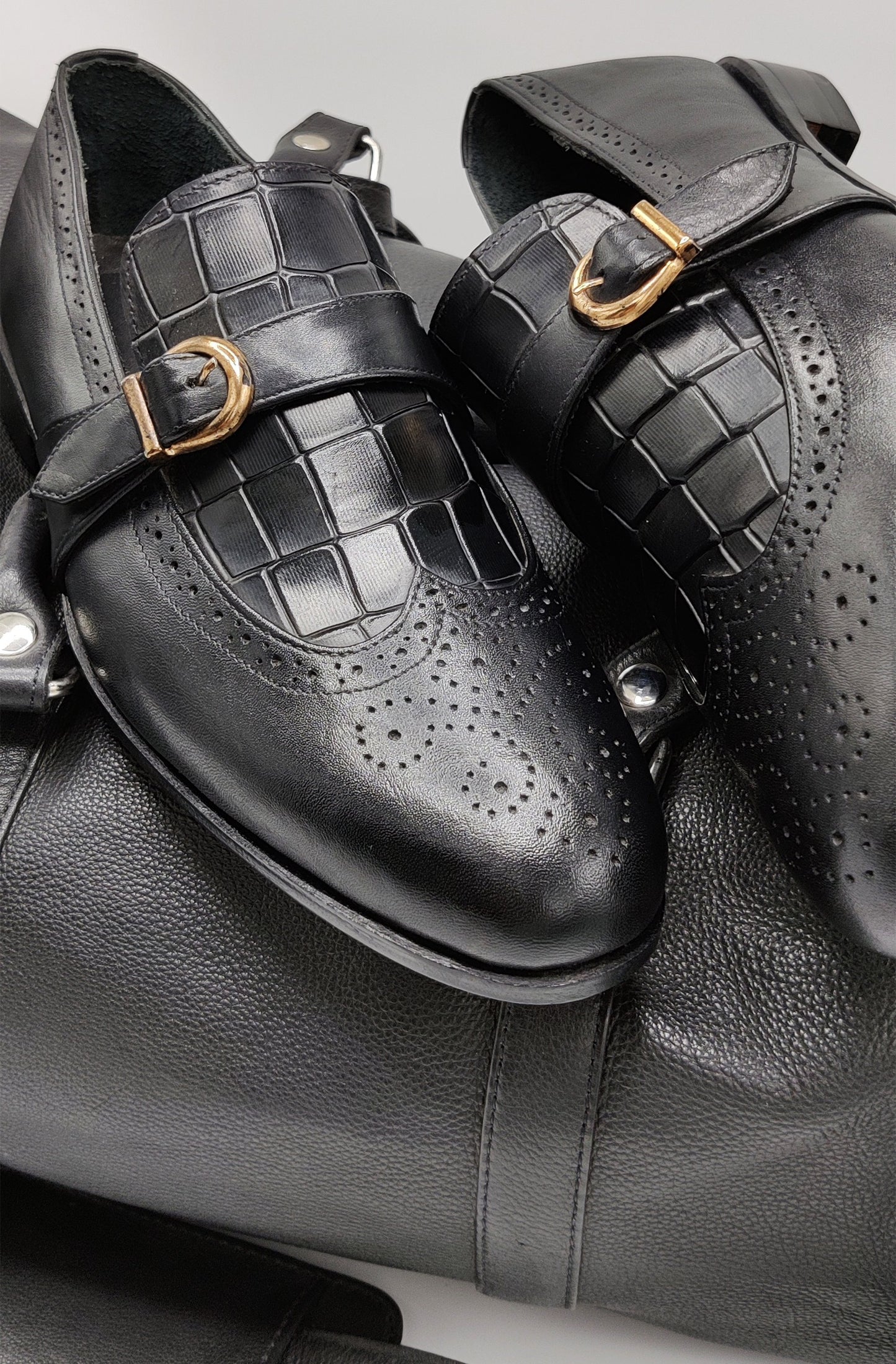 Black Brogue Single Monk Strap Shoes