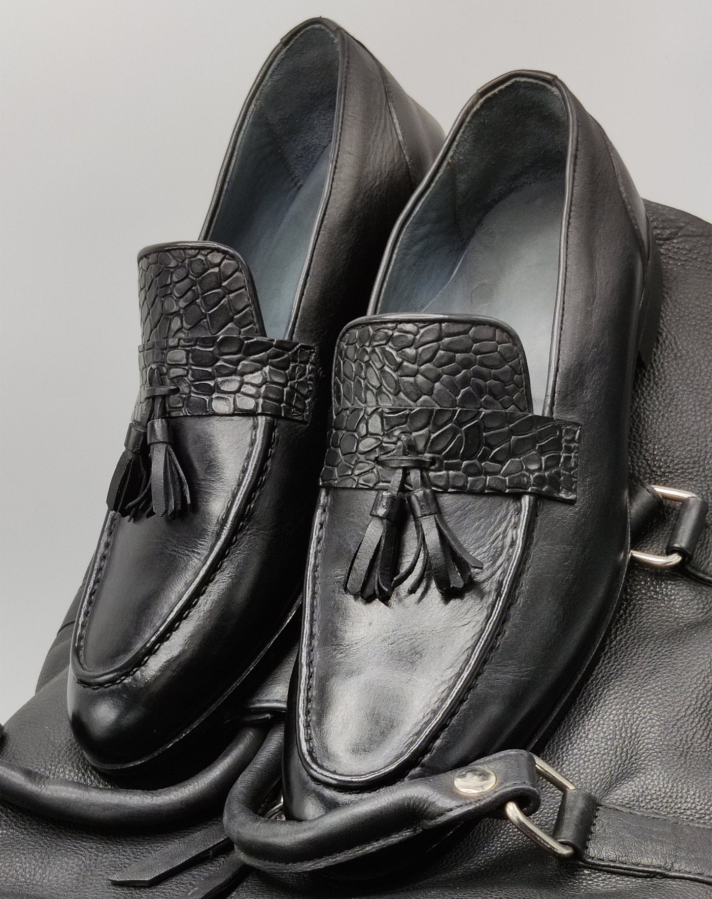 Black Tassel Loafers Embossed