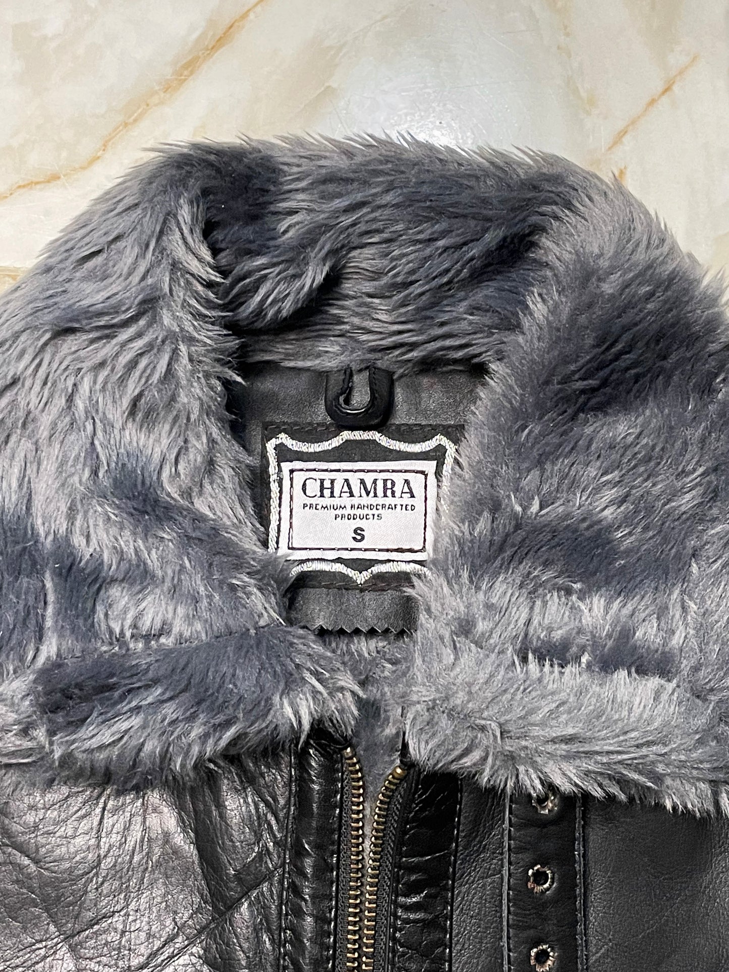 Gray Shearling Fur-Lined Black Leather Aviator Jacket