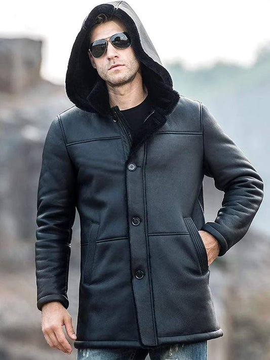 Blacked Out Men's Fur Coat with Hoodie