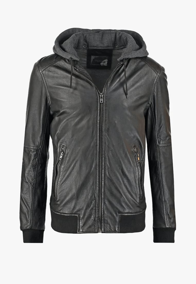 Sheepskin Leather Biker Jacket with Hood