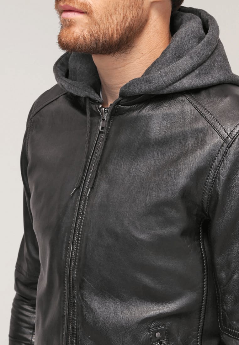 Sheepskin Leather Biker Jacket with Hood