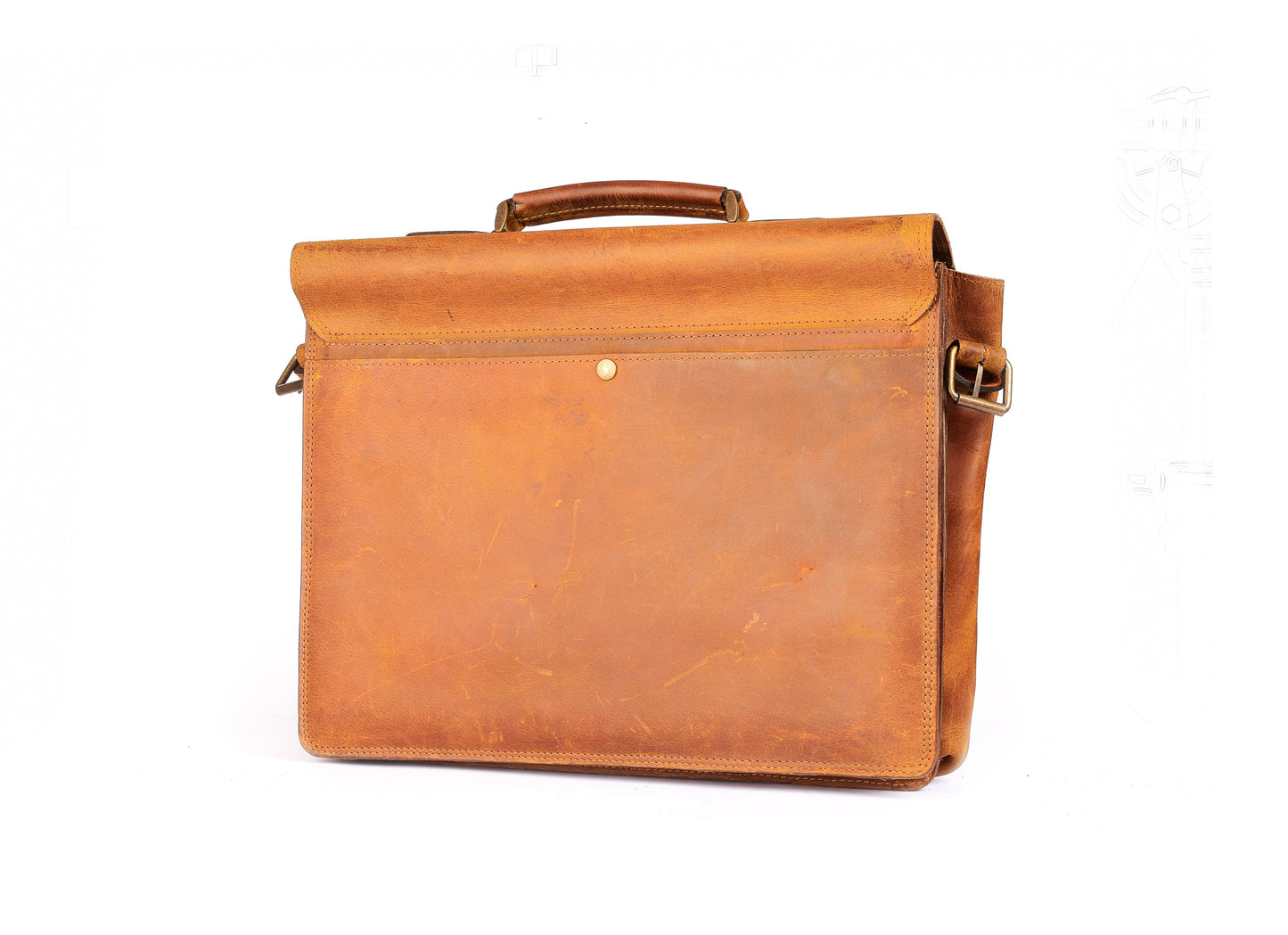 Brown Full-Grain Leather Laptop Bag with Patch Pockets