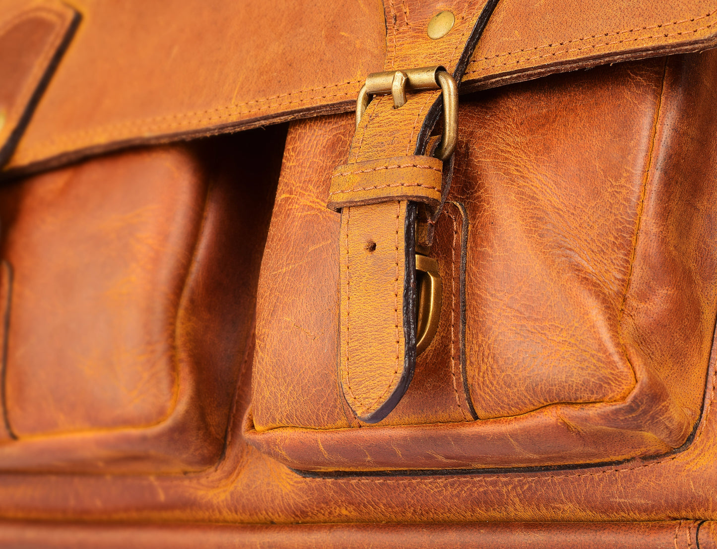Brown Full-Grain Leather Laptop Bag with Patch Pockets