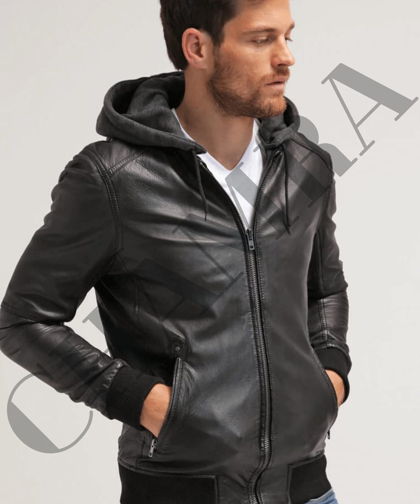 Sheepskin Leather Jacket W/ Fleece Hoodie