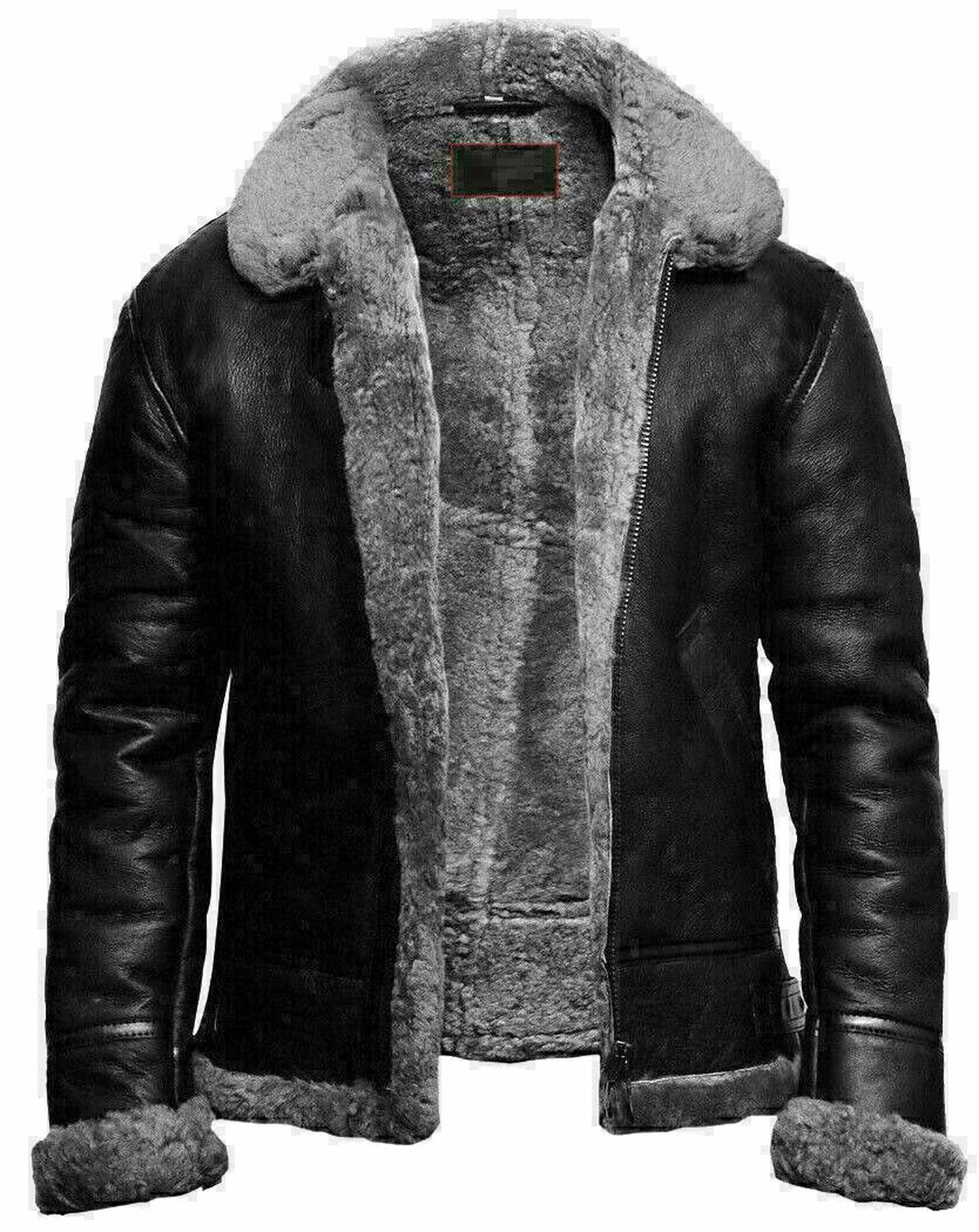 Gray Shearling Fur-Lined Black Leather Aviator Jacket