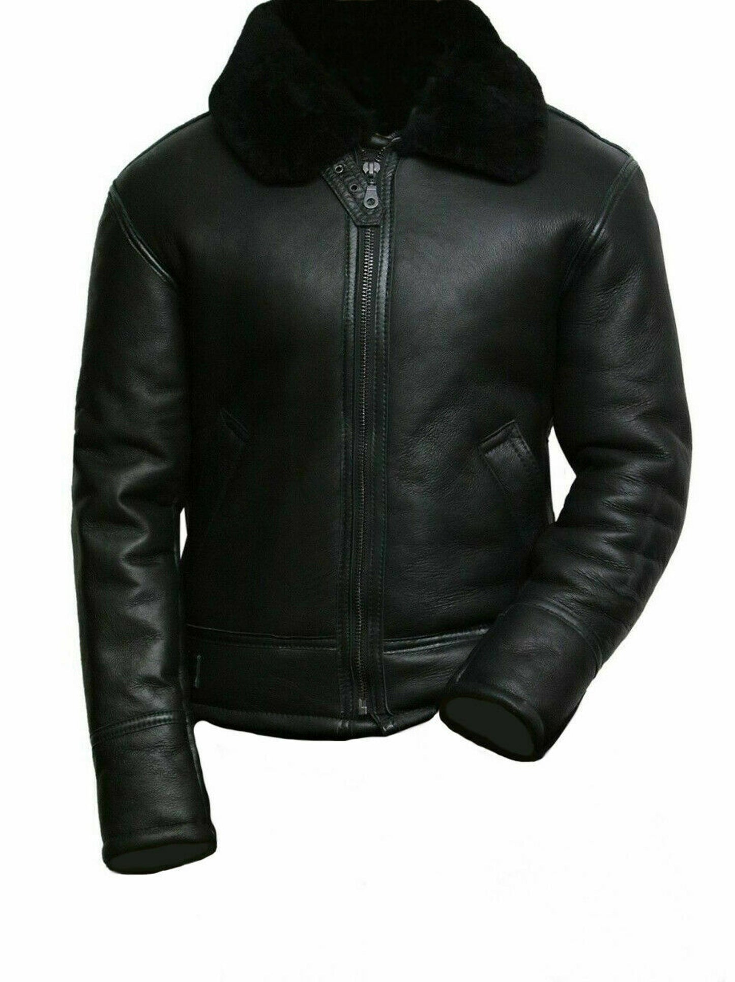 Black Shearling Aviator Leather Jacket, Men's winter shearling coat