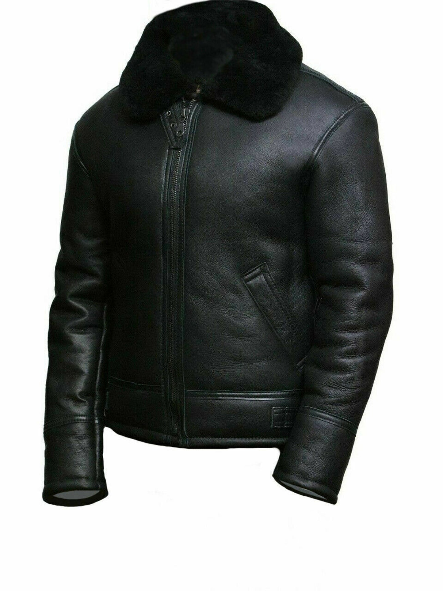 Black Shearling Aviator Leather Jacket, Men's winter shearling coat